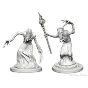 D&D: Nolzur's Marvelous Minis: Mindflayers - Two unpainted gray plastic miniatures of Mindflayer creatures, one with elongated clawed hands and a hunched posture, the.