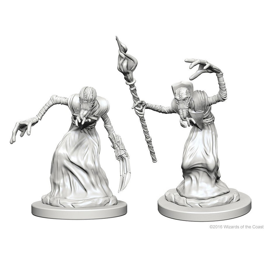 D&D: Nolzur's Marvelous Minis: Mindflayers - Two unpainted gray plastic miniatures of Mindflayer creatures, one with elongated clawed hands and a hunched posture, the.