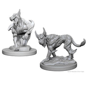 D&D: Nolzur's Marvelous Minis: Blink Dogs - Two gray plastic miniatures of muscular, wolf-like creatures with long ears and snarling expressions, posed on round bases.