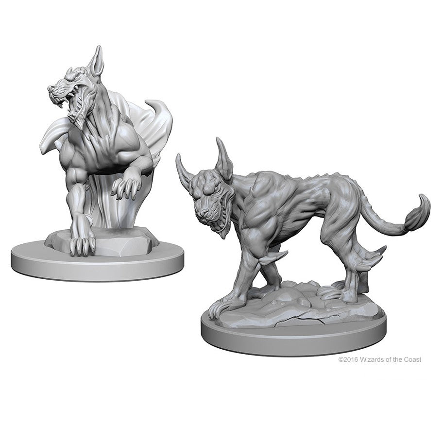 D&D: Nolzur's Marvelous Minis: Blink Dogs - Two gray plastic miniatures of muscular, wolf-like creatures with long ears and snarling expressions, posed on round bases.
