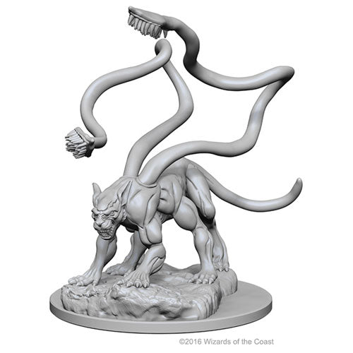 D&D Nolzur's Marvelous Miniatures: Displacer Beast - Gray plastic miniature of a four-legged, feline-like creature with six tentacle tails on a textured round base.