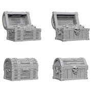 Wizkids Deep Cuts: Chests W2 - Four gray resin miniature chests with wood plank texture, metal bands, and skull accents, two open and two closed.