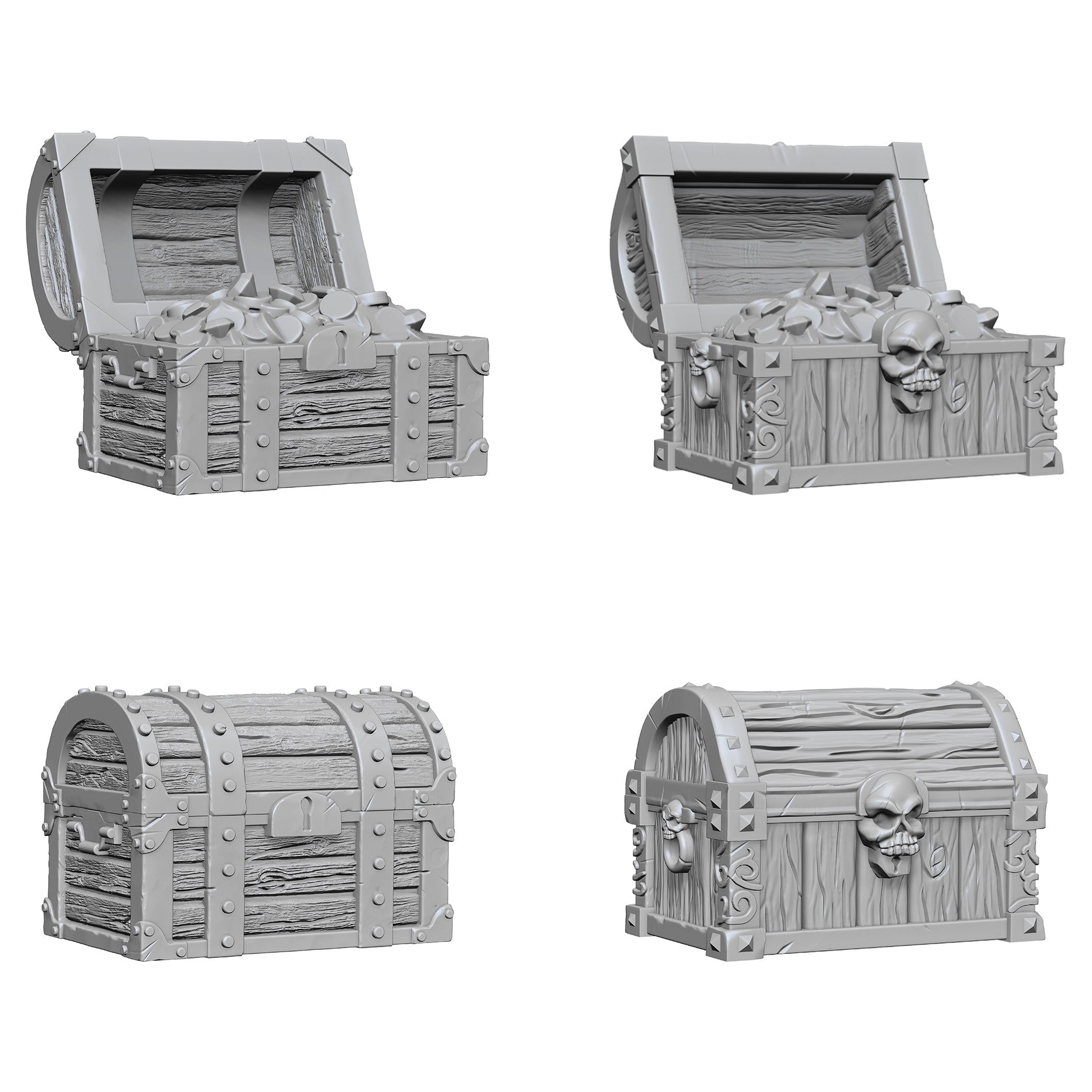 Wizkids Deep Cuts: Chests W2 - Four gray resin miniature chests with wood plank texture, metal bands, and skull accents, two open and two closed.