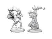 Pathfinder Battles Deep Cuts: Human Female Cleric W1 - Unpainted gray plastic miniature of a female cleric holding a mace and shield wearing flowing robes and armor.
