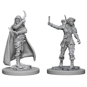 Pathfinder Deep Cuts: Human Female Rogue W1 - Gray unpainted miniature figures of a cloaked female rogue with dagger and a standing female rogue holding a lockpick and.