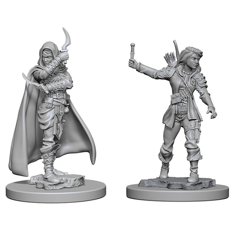 Pathfinder Deep Cuts: Human Female Rogue W1 - Gray unpainted miniature figures of a cloaked female rogue with dagger and a standing female rogue holding a lockpick and.