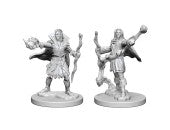 Pathfinder Battles Deep Cuts: Elf Male Sorcerer W1 - Gray unpainted plastic miniature of a male elf sorcerer in dynamic casting pose with cloak and robes.