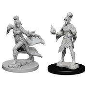 Pathfinder Deep Cuts: Elf Female Sorcerer W1 - Two unpainted gray resin miniatures of female elf sorcerers, one poised dynamically with flowing cloak, the other standing.