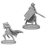 Pathfinder Deep Cuts: Elf Male Paladin W2 - Two unpainted gray plastic miniature figures featuring an elf male paladin holding a large sword and shield, and a warrior.