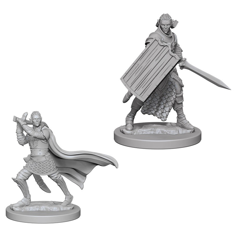 Pathfinder Deep Cuts: Elf Male Paladin W2 - Two unpainted gray plastic miniature figures featuring an elf male paladin holding a large sword and shield, and a warrior.