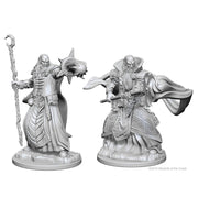 D&D: Nolzur's Marvelous Minis: Human Male Wizard - Two unpainted gray plastic miniatures of fantasy wizards, one holding a staff with a skull and spiked orb, the other with a.