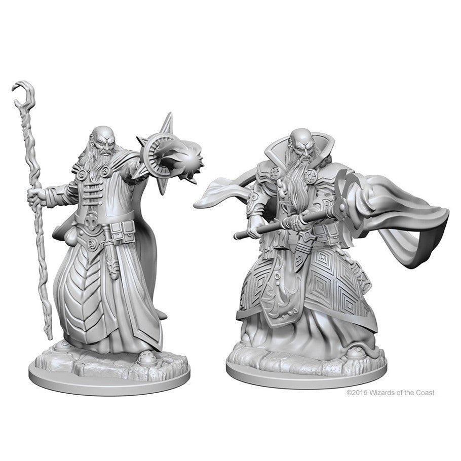 D&D: Nolzur's Marvelous Minis: Human Male Wizard - Two unpainted gray plastic miniatures of fantasy wizards, one holding a staff with a skull and spiked orb, the other with a.