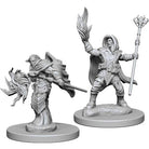 D&D: Nolzur's Marvelous Minis: Elf Male Wizard - Unpainted gray resin miniature of male elf wizard with staff and flame in raised hand, detailed robes and armor.