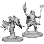D&D: Nolzur's Marvelous Minis: Elf Male Wizard - Unpainted gray resin miniature of male elf wizard with staff and flame in raised hand, detailed robes and armor.