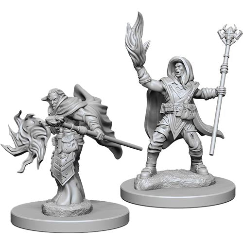 D&D: Nolzur's Marvelous Minis: Elf Male Wizard - Unpainted gray resin miniature of male elf wizard with staff and flame in raised hand, detailed robes and armor.