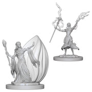 D&D Nulzer's Marvelous Minis: Elf Female Wizard - Unpainted gray resin elf female wizard miniature holding staffs with flowing robes and detailed facial features.