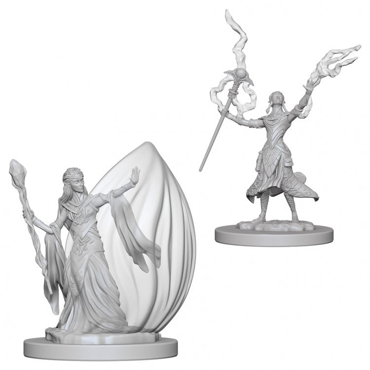 D&D Nulzer's Marvelous Minis: Elf Female Wizard - Unpainted gray resin elf female wizard miniature holding staffs with flowing robes and detailed facial features.