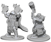 D&D Nulzer's Marvelous Minis: Dwarf Male Cleric - Unpainted gray plastic miniature of a dwarf male cleric with a long beard, wearing robes, holding a mace overhead in one.