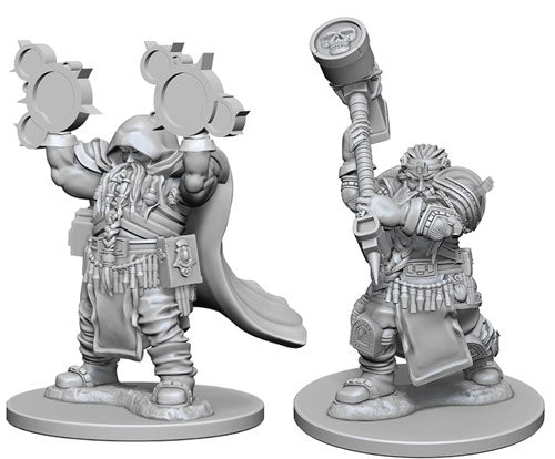D&D Nulzer's Marvelous Minis: Dwarf Male Cleric - Unpainted gray plastic miniature of a dwarf male cleric with a long beard, wearing robes, holding a mace overhead in one.