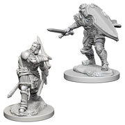 D&D Nolzur's Marvelous Minis: Human Male Paladin - Unpainted grey plastic miniature of a human male paladin holding a sword and large kite shield with detailed armor and.