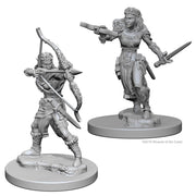 D&D Nolzur's Marvelous Minis: Elf Female Ranger - Unpainted gray plastic miniature of a female elf ranger holding a sword and pistol, with detailed armor and flowing hair,.