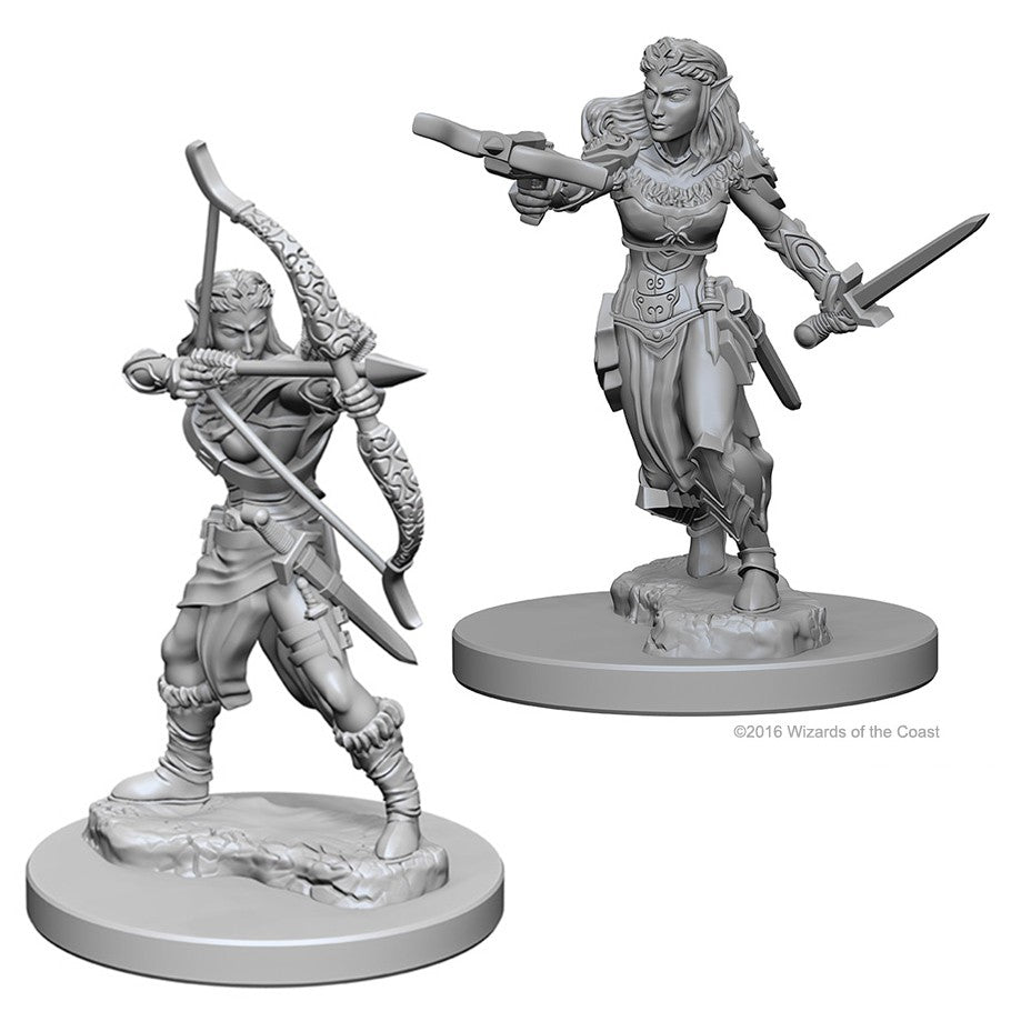 D&D Nolzur's Marvelous Minis: Elf Female Ranger - Unpainted gray plastic miniature of a female elf ranger holding a sword and pistol, with detailed armor and flowing hair,.