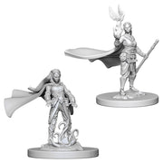D&D: Nolzur's Marvelous Minis: Elf Female Druid W4 - Unpainted grey plastic miniature of a female elf druid with long hair, flowing cape, and staff with bird on top, standing on