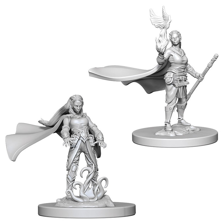 D&D: Nolzur's Marvelous Minis: Elf Female Druid W4 - Unpainted grey plastic miniature of a female elf druid with long hair, flowing cape, and staff with bird on top, standing on