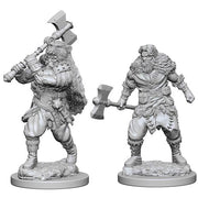 D&D Nolzur's Marvelous Miniatures: Male Human Barbarian - Unpainted gray resin miniature of male human barbarian wielding a large double-headed axe and wearing fur and leather armor.