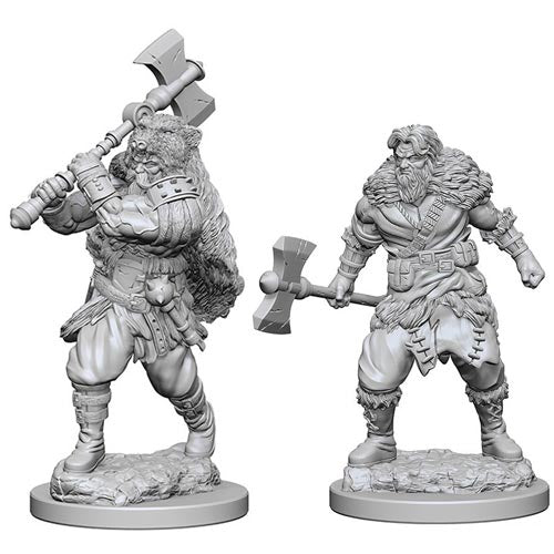 D&D Nolzur's Marvelous Miniatures: Male Human Barbarian - Unpainted gray resin miniature of male human barbarian wielding a large double-headed axe and wearing fur and leather armor.