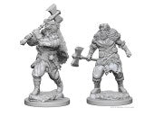 D&D Nolzur's Marvelous Miniatures: Human Male Barbarian - Two unpainted gray plastic miniatures of muscular human male barbarians, each wielding a large weapon and wearing rugged.