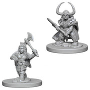 D&D Nolzur's Marvelous Miniatures: Dwarf Female Barbarian - Gray unpainted plastic miniature of a female dwarf barbarian holding an axe, clad in armor with braided hair.