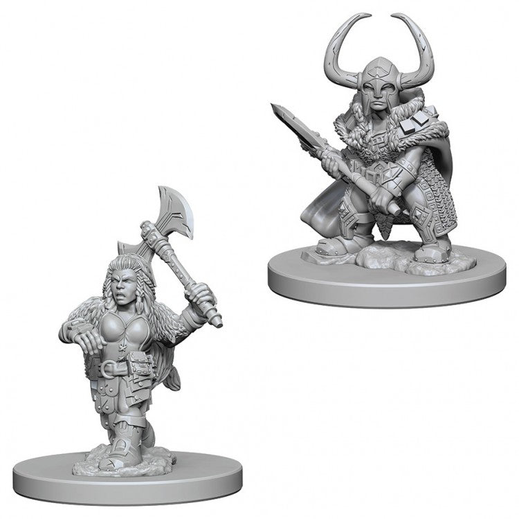 D&D Nolzur's Marvelous Miniatures: Dwarf Female Barbarian - Gray unpainted plastic miniature of a female dwarf barbarian holding an axe, clad in armor with braided hair.