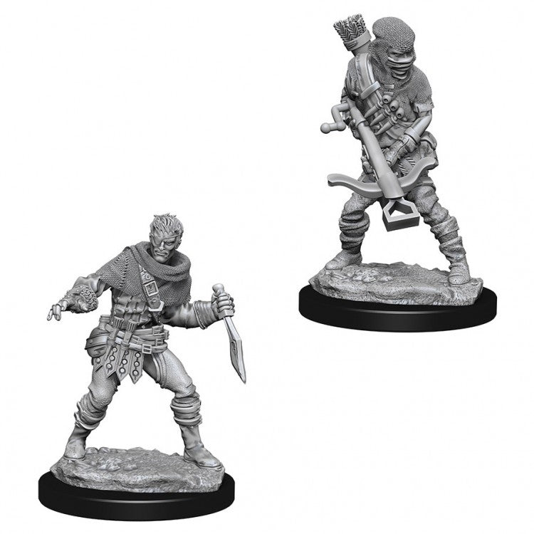 Wizkids Deep Cut: Bandits W4 - Two gray plastic fantasy miniatures of bandits on round black bases, one wielding a dagger in a crouched pose, the other.