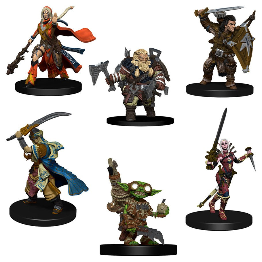 Pathfinder Battles: Iconic Heroes Evolved - Six detailed fantasy miniature figures featuring warriors and creatures in dynamic poses, each mounted on a black circular.