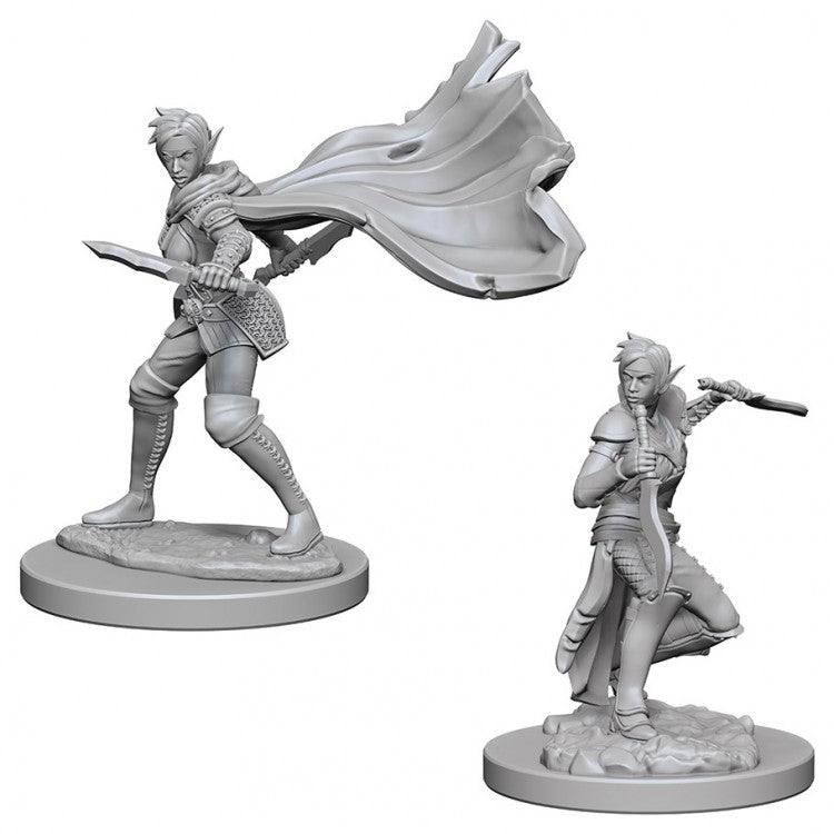 Pathfinder Battles Deep Cuts: Elf Female Rogue W4 - Gray plastic miniature of a female elf rogue in dynamic pose with flowing cape and dagger.