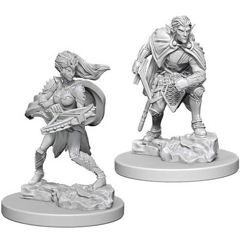 D&D Nolzur's Marvelous Miniatures: Drow - Two unpainted gray plastic fantasy miniatures of a female drow warrior with a crossbow and a male drow rogue with a sword.