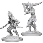 D&D: Nolzur's Marvelous Minis: Githyanki W4 - Two gray plastic Githyanki miniatures, one crouching with dual blades, one standing with a raised curved sword, detailed.