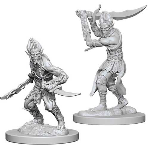 D&D: Nolzur's Marvelous Minis: Githyanki W4 - Two gray plastic Githyanki miniatures, one crouching with dual blades, one standing with a raised curved sword, detailed.