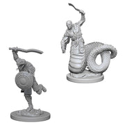 D&D: Nolzur's Marvelous Minis: Yuan-Ti Malisons W4 - Two unpainted D&D miniatures of Yuan-Ti Malisons, one with raised sword and shield, the other coiled with curved blade raised.