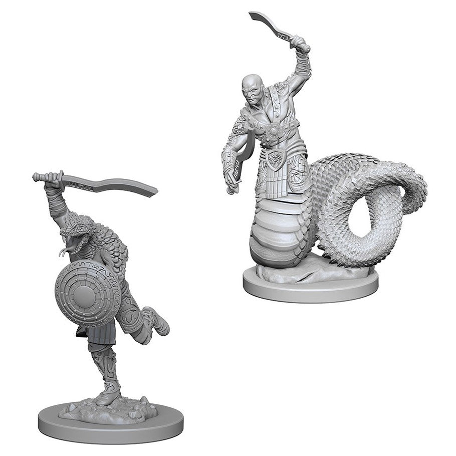 D&D: Nolzur's Marvelous Minis: Yuan-Ti Malisons W4 - Two unpainted D&D miniatures of Yuan-Ti Malisons, one with raised sword and shield, the other coiled with curved blade raised.