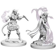 D&D Nolzur's Marvelous Miniatures: Tiefling Female Sorcerer - Unpainted resin miniature of a female tiefling sorcerer with curved horns, long tail, flowing cape, and casting magical.
