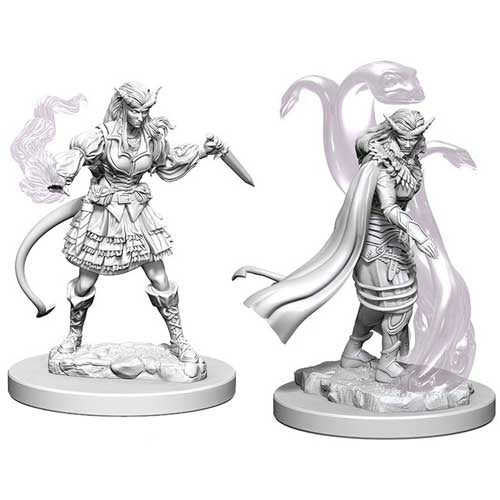 D&D Nolzur's Marvelous Miniatures: Tiefling Female Sorcerer - Unpainted resin miniature of a female tiefling sorcerer with curved horns, long tail, flowing cape, and casting magical.