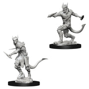 Dungeons & Dragons: Nolzur's Marvelous Minis: Tiefling Male Rogue - Unpainted gray resin mini of a male Tiefling rogue with horns, a tail, daggers, and crouching pose on a round base.