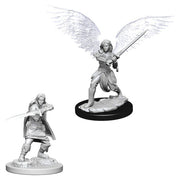 D&D Nolzur's Marvelous Minis: Female Aasimar Fighter - Unpainted female aasimar fighter miniature with large wings, holding a sword, standing on a textured round base.