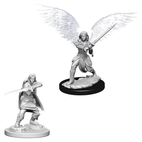 D&D Nolzur's Marvelous Minis: Female Aasimar Fighter - Unpainted female aasimar fighter miniature with large wings, holding a sword, standing on a textured round base.