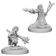 D&D: Nolzur's Marvelous Minis: Female Gnome Wizard W6 - Unpainted female gnome wizard miniature in dynamic pose holding a fireball in one hand and a staff in the other, detailed.