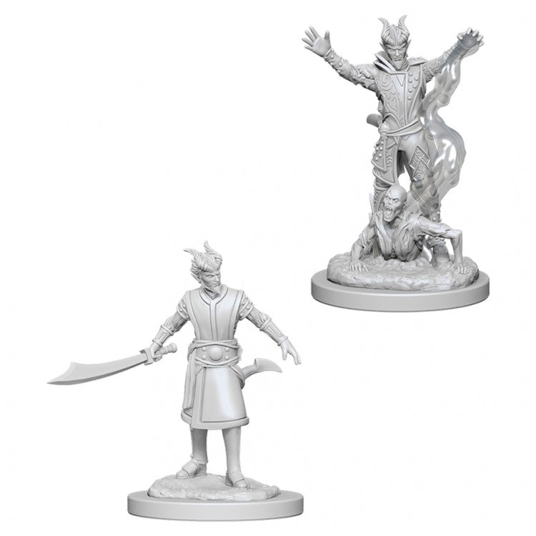 Dungeons & Dragons : Nulzer's Marvelous Minis: Male Tiefling Warlock W6 - Unpainted gray resin miniature of male tiefling warlock with horns, cloak, and curved sword, standing on a textured base.