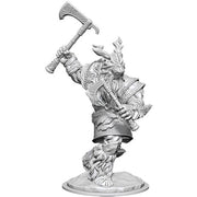 D&D Nolzur's Marvelous Miniatures: Frost Giant Male - Unpainted gray plastic miniature of a muscular frost giant wielding a large axe, wearing fur and armor with a horned helmet,