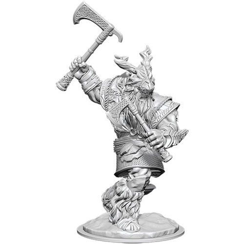 D&D Nolzur's Marvelous Miniatures: Frost Giant Male - Unpainted gray plastic miniature of a muscular frost giant wielding a large axe, wearing fur and armor with a horned helmet,